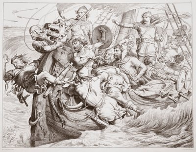 Wie Hereward sein Schiff an der Küste von Flandern auf Grund setzt, Illustration aus Hereward the Great von Charles Kingsley, veröffentlicht 1870, graviert von C.G. Lewis (Stahlstich) von Henry Courtney Selous